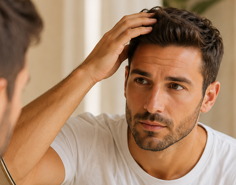 Man looking in miroor while brushing through his hair